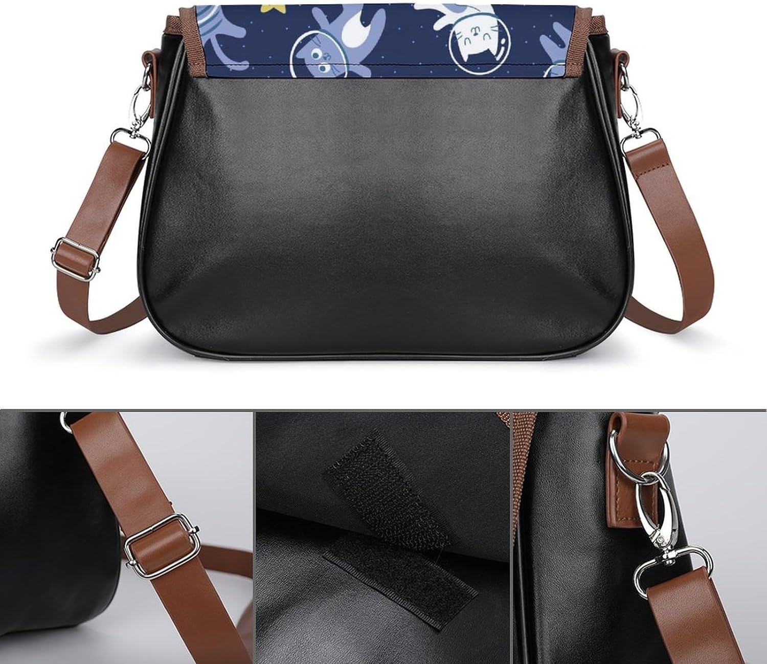 Astronaut CatWomen's Faux Leather Crossbody Bag, Waterproof Wrinkle-Resistant Shoulder Bag with Detachable Strap, Large Capacity Casual Handbag, Fashion Daily Purse for Shopping Work Dating, Ideal Gif