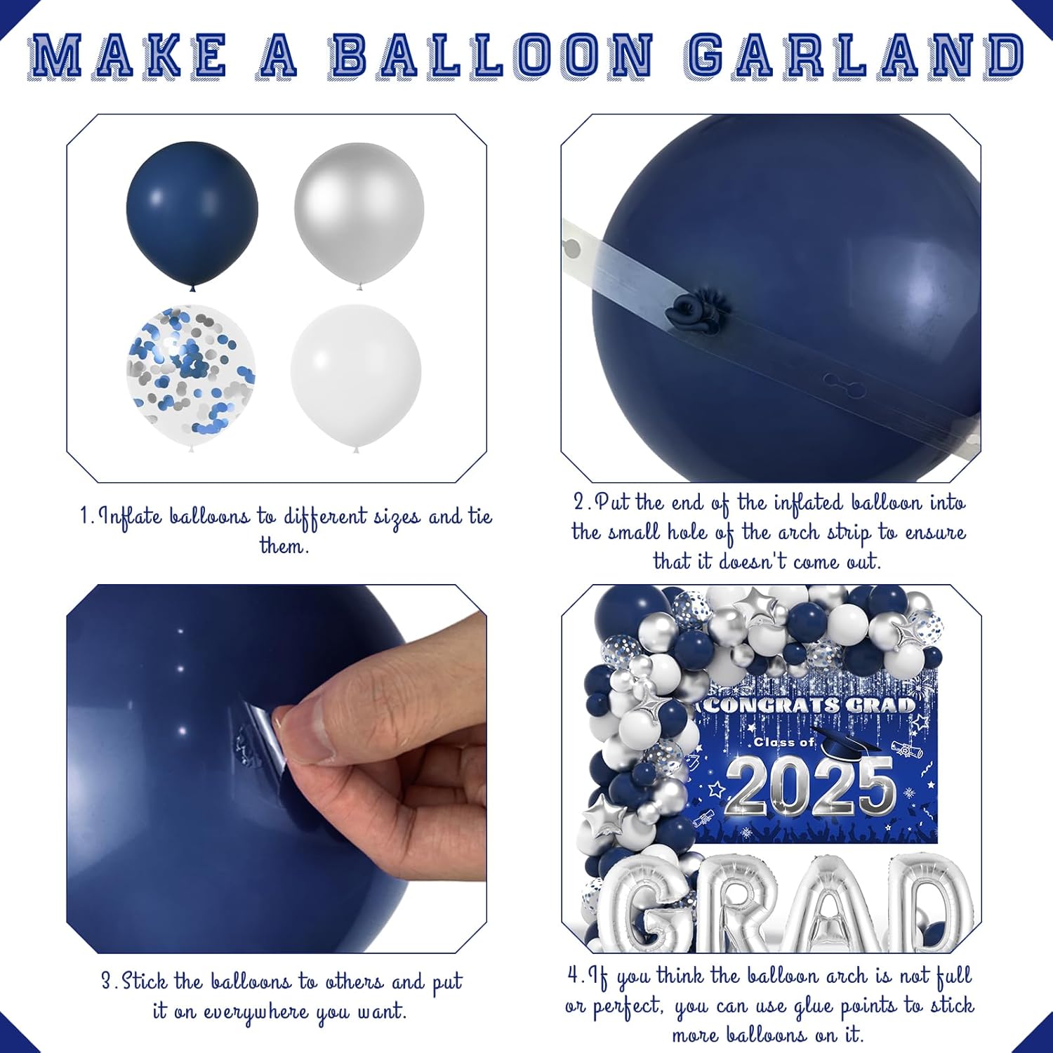 Class of 2025 Navy Blue Graduation Balloons Garland Arch with Grad Backdrop 2025 Grad Letter Balloons for Silver Blue Graduation Party Decorations Congrats Grad Decorations Supplies - Image 6