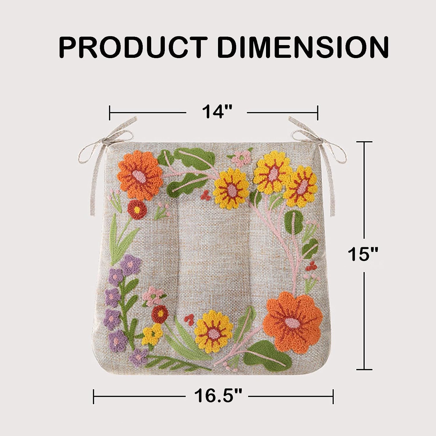 Indoor Outdoor Chair Pads,Embroidery Garden Seat Cushions 16"*15" Thick Floral Dining Chair Cushions with Ties for Home Kitchen (Beige1,1 Pack)