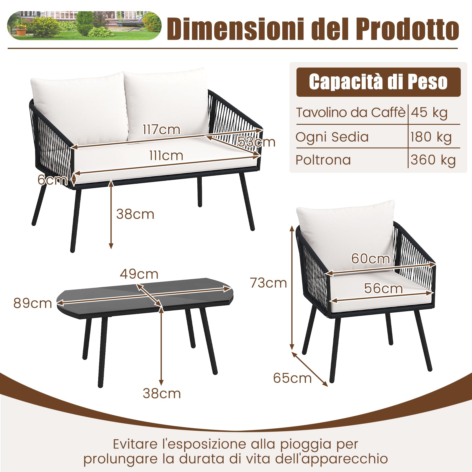 COSTWAY Set di 4 Pezzi in Corda PE da Giardino, Set Bistrò con Divano, Tavolino in Vetro Temperato, 2 Poltrone e Cuscini, Mobili da Giardino da Esterno per Cortile e Piscina