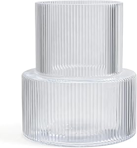 Glass Vase for Flower, Clear Fluted Ribbed Large Vase, Modern Vase for Centerpieces, Decorative Vase for Living Room, Dining Table, Entryway, Mantle, Shelf, Wedding, Office, Home Decor