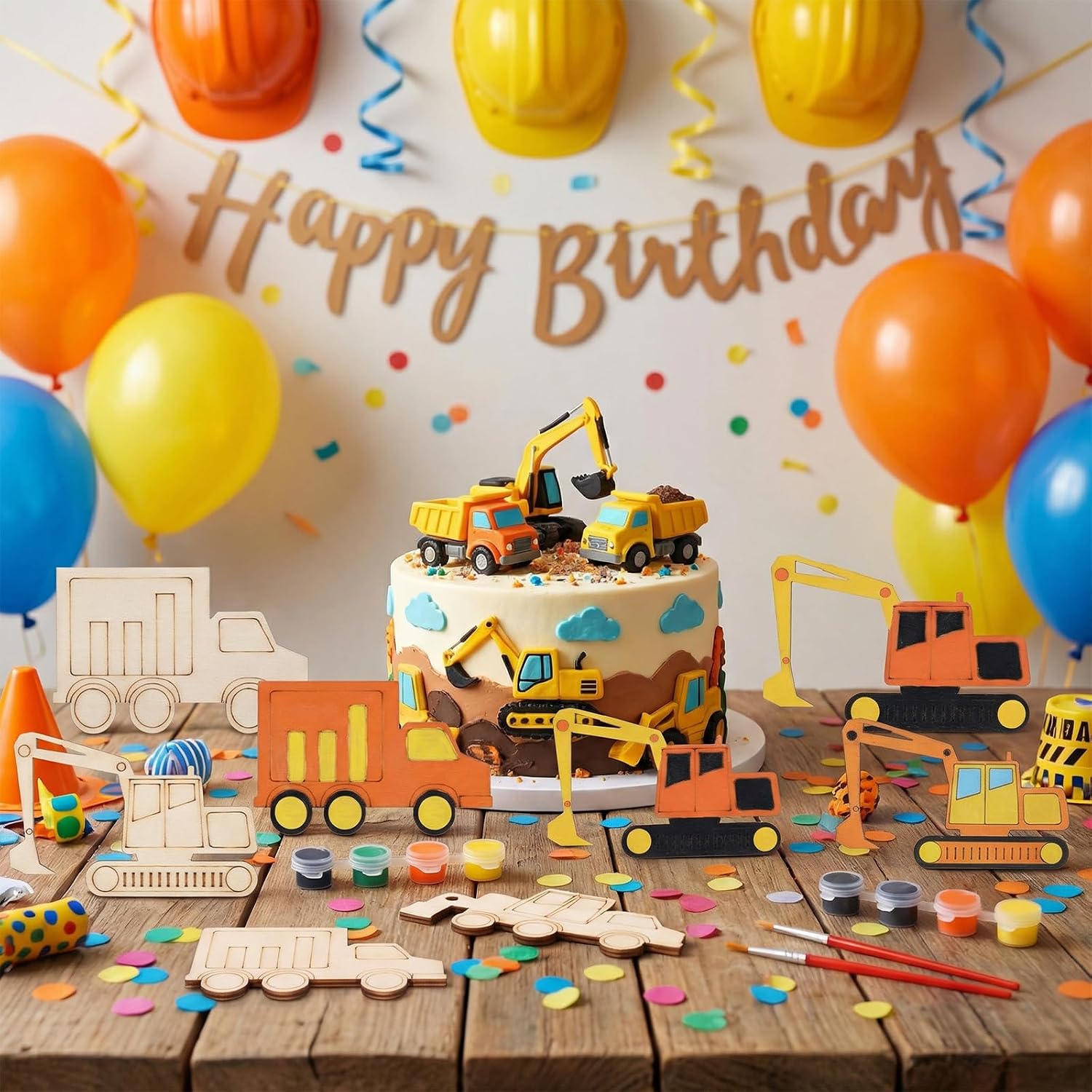 24 Pack Construction Party Favors Wooden Trucks Construction Birthday Party Supplies Set Wooden Painting Crafts Bulk, Carnival Prizes Card Paint Brush Magnet Christmas Crafts Birthday Supplies Gifts