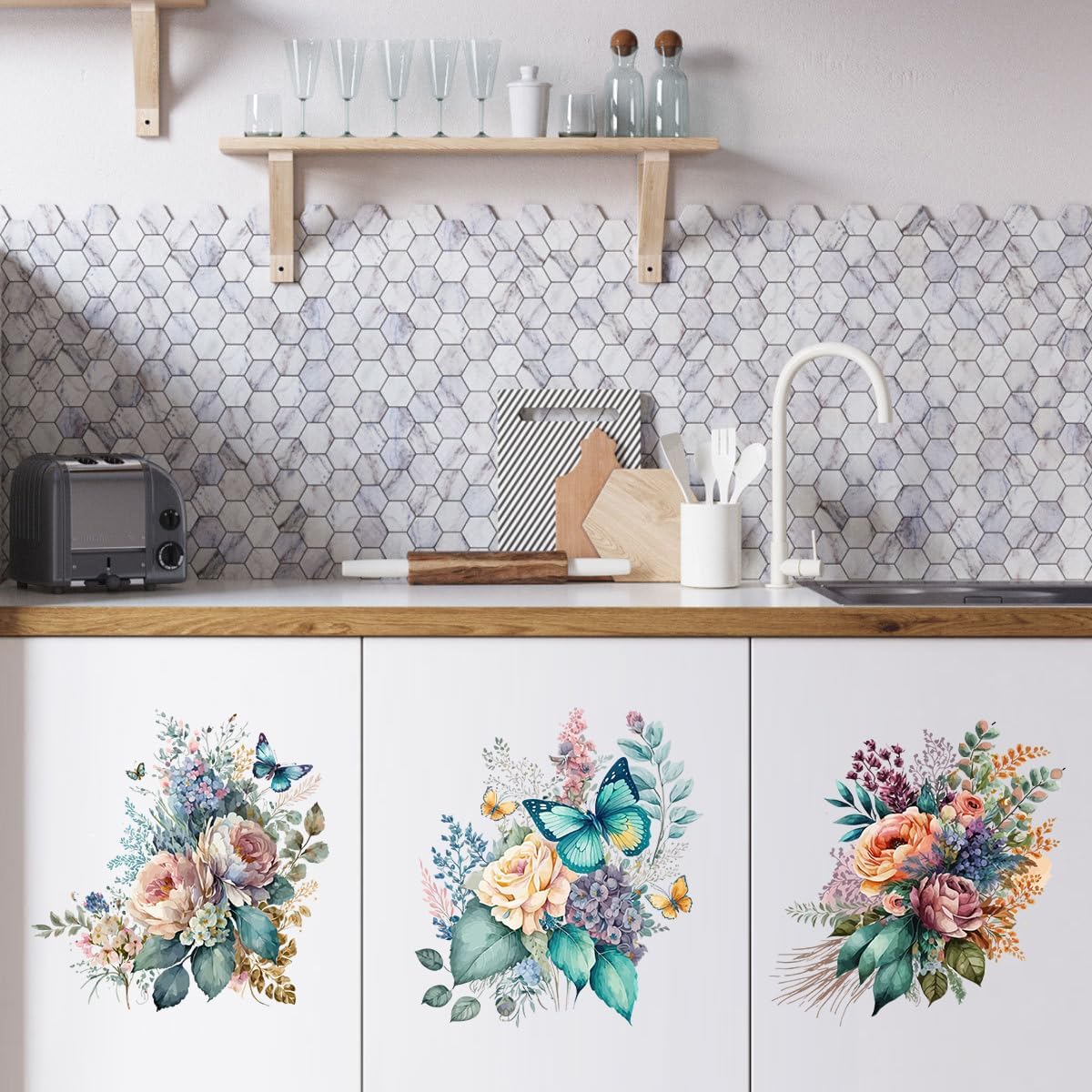 Toilet Seat Lid Stickers Peony Butterflies Bathroom Toilet Seat Lid Cover Decals DIY Removable Bouquet Toilets Stickers for Cistern Bathroom WC Restroom Power Switch Home Decor,3 Sheets