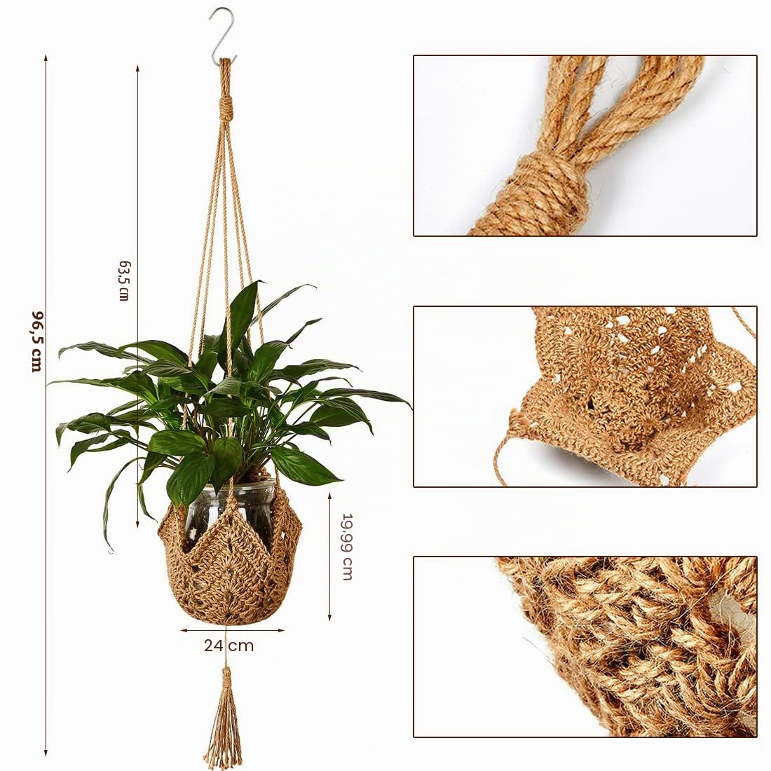 Supports de Plantes en Corde de Jute Lot de 2 avec Crochets - Support de Pot de Fleurs en Macramé