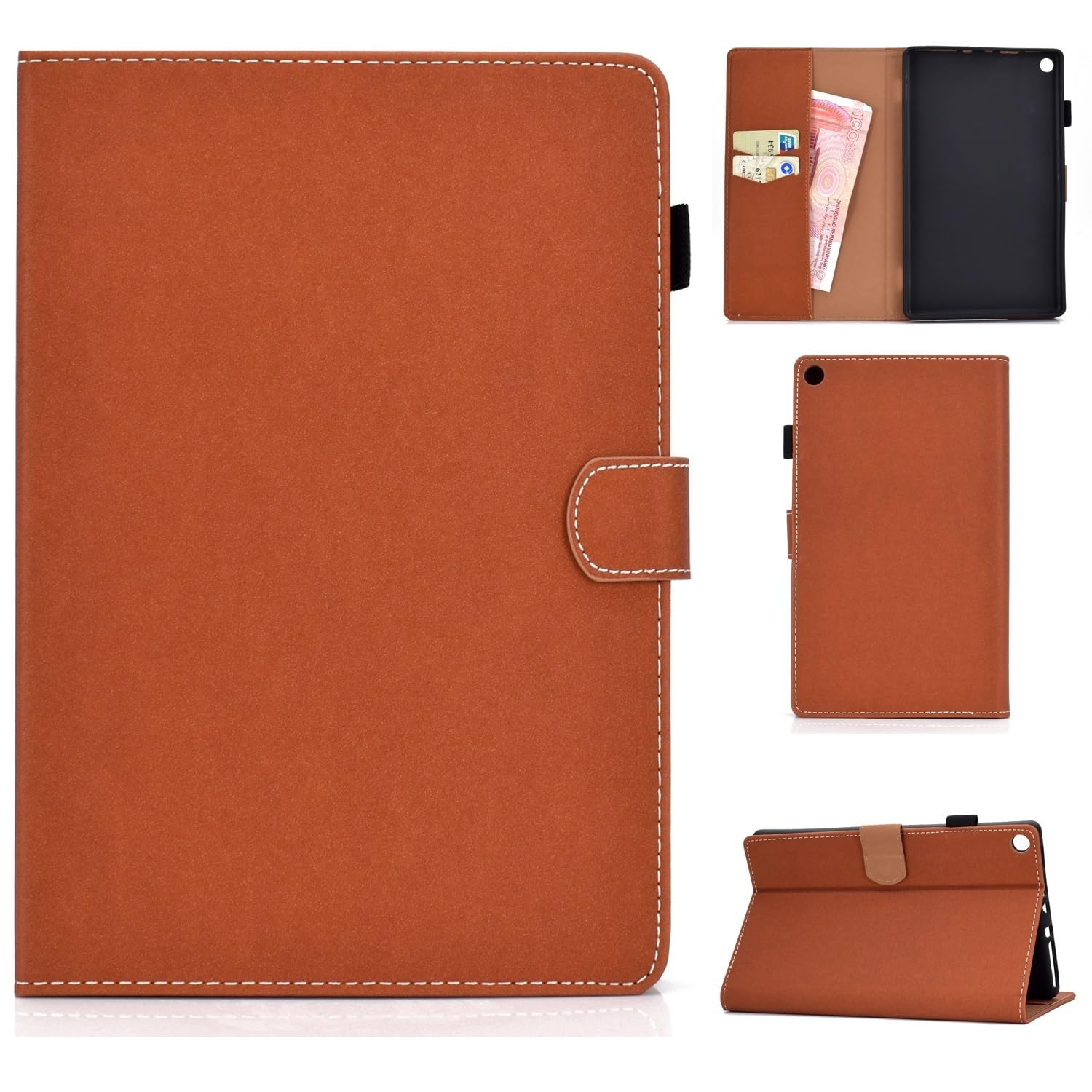 Custodia TUOLISG Per Kindle Fire HD 8 (2016-2019) - Pelle PU Con Supporto, Cinturino Da Polso, Tasca Portacarte E Pennino (Oro)