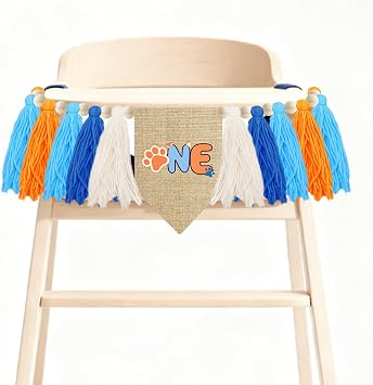 Blue Dog High Chair Banner for 1st Birthday Party Decoration 24" Blue Orange White Yarn Tassel and Wood Beads Garland with Paw Print Dog Pet First Birthday Party Photo Booth Props