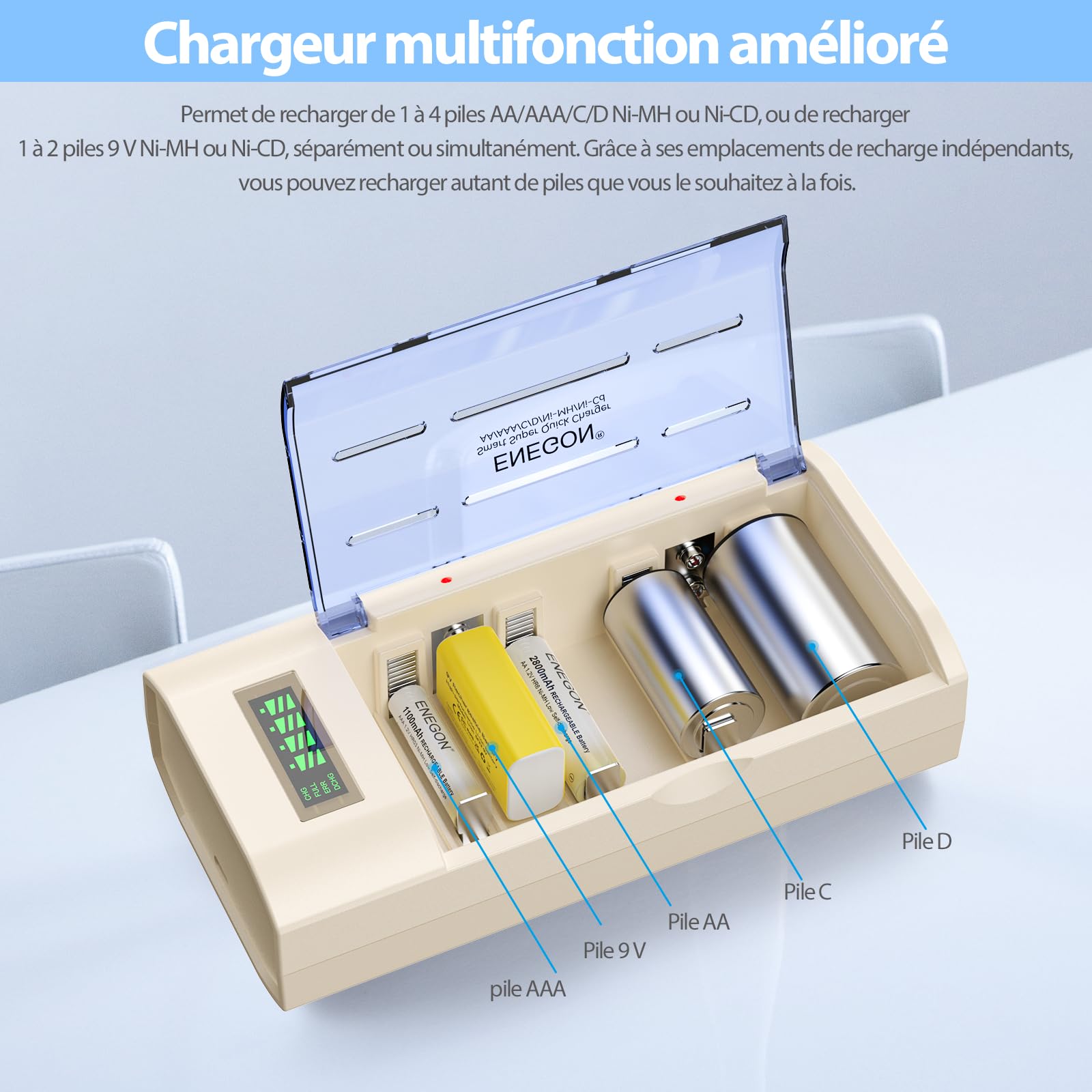 ENEGON Chargeur Universel pour Piles AA/AAA/C/D/9V NiMH/NiCD, avec écran LCD, Fonction de décharge et 4 emplacements (sans Adaptateur)