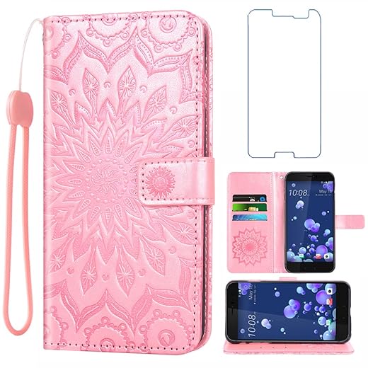 Asuwish Phone Case for HTC U11 （5.5 inch） Wallet Cases with Tempered Glass Screen Protector and Leather Slim Flip Cover Card Holder Stand Cell Accessories HTC U 11 Women Rose Gold