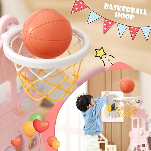 Miniatura 3 de KORIMEFA Juego de tobogán y columpio 4 en 1 para niños, tobogán para niños pequeños con aro de baloncesto, columpio, patio de juegos para interiores
