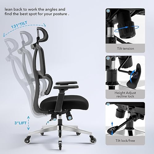 Miniatura 7 de Chair Master Silla ergonómica de oficina con respaldo alto  Ruedas de hoja rodante  Silla de malla  para ejecutivos, asistentes a la oficina,