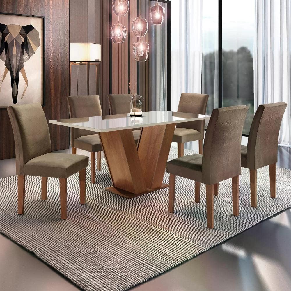 Conjunto Sala de Jantar Mesa Tampo de Vidro 6 Cadeiras Espanha Espresso Móveis Chocolate