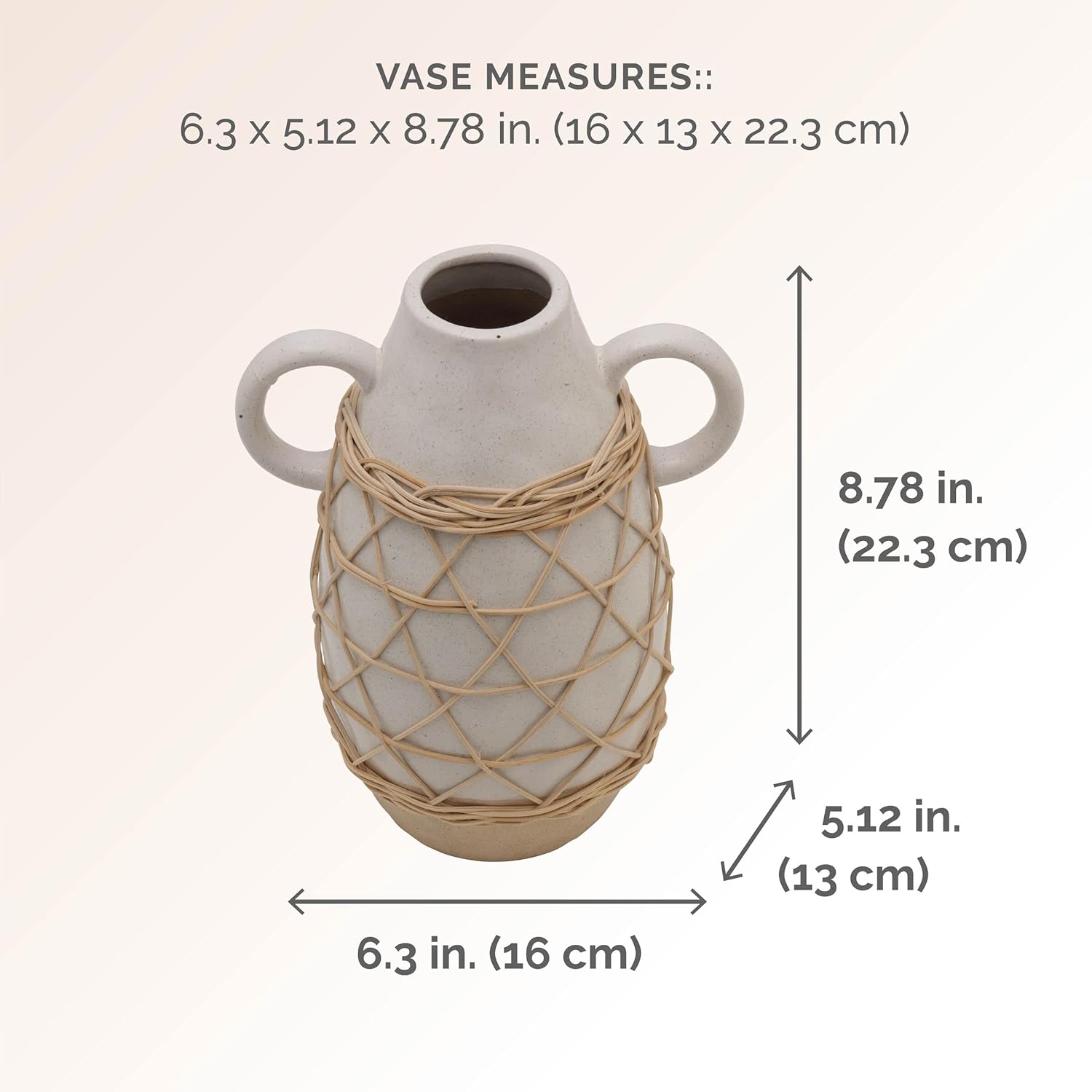 Elements Ceramic Vase with Handles and Rattan Weaving, 9 Inch, White