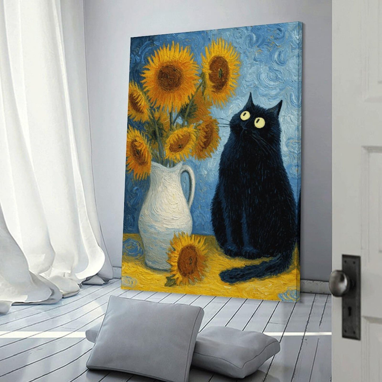 Junmoney Frame-Style-3 Vincent's Sunflowers With Black Cat Wall Picture Print, 20X30inch(50X75cm), For Gallery Wall Decor And Room Displays, A Versatile Canvas Print For Layering