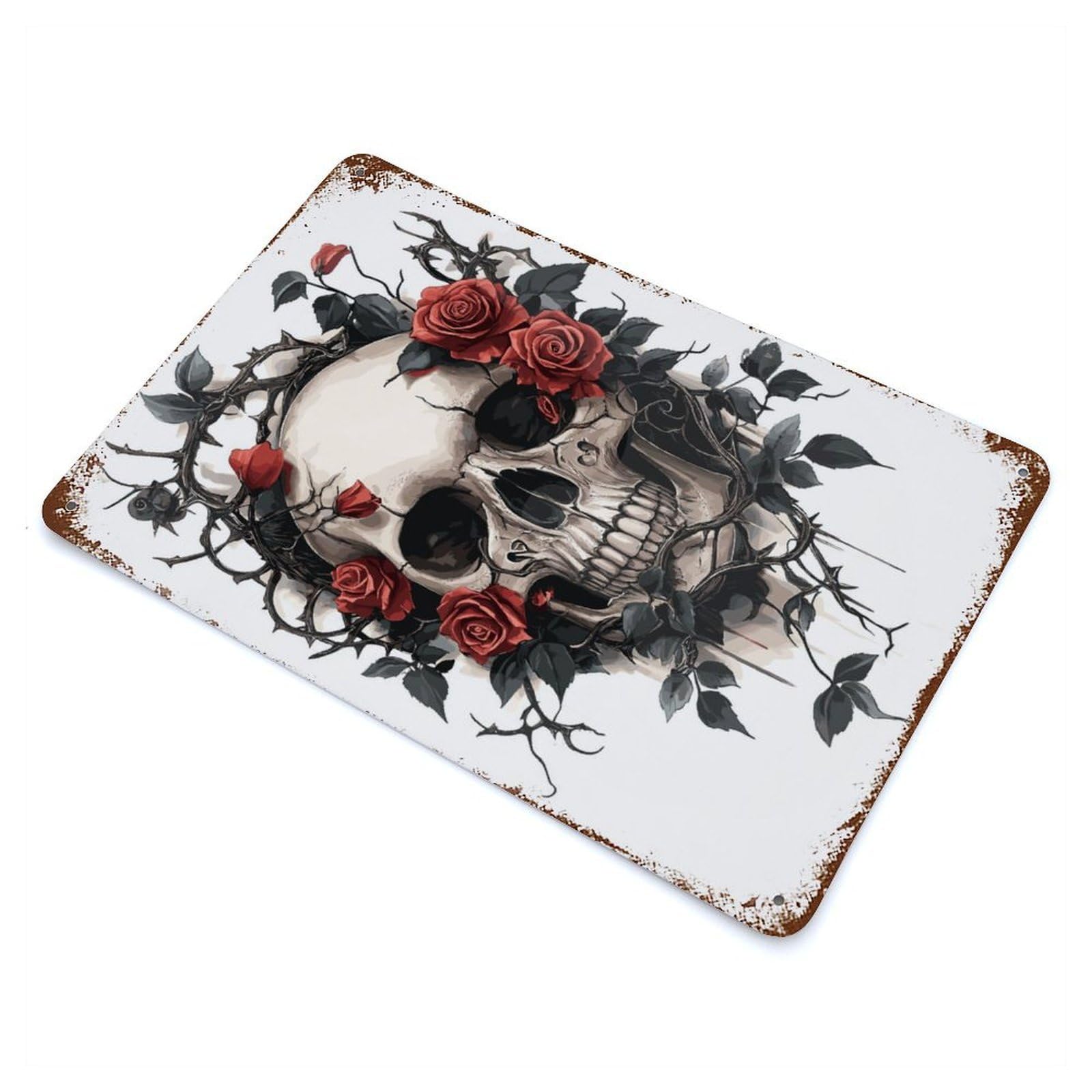 Gothic Skull And Roses Weathered Tin Sign 11.8"x7.9", Novelty Wall Decor for Garage, Pub Or Kitchen