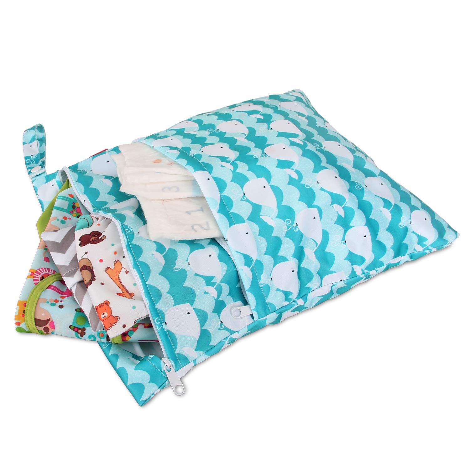 Damero Cloth Diaper Wet Dry Bag with Handle (Medium, Cute Whale) image 3