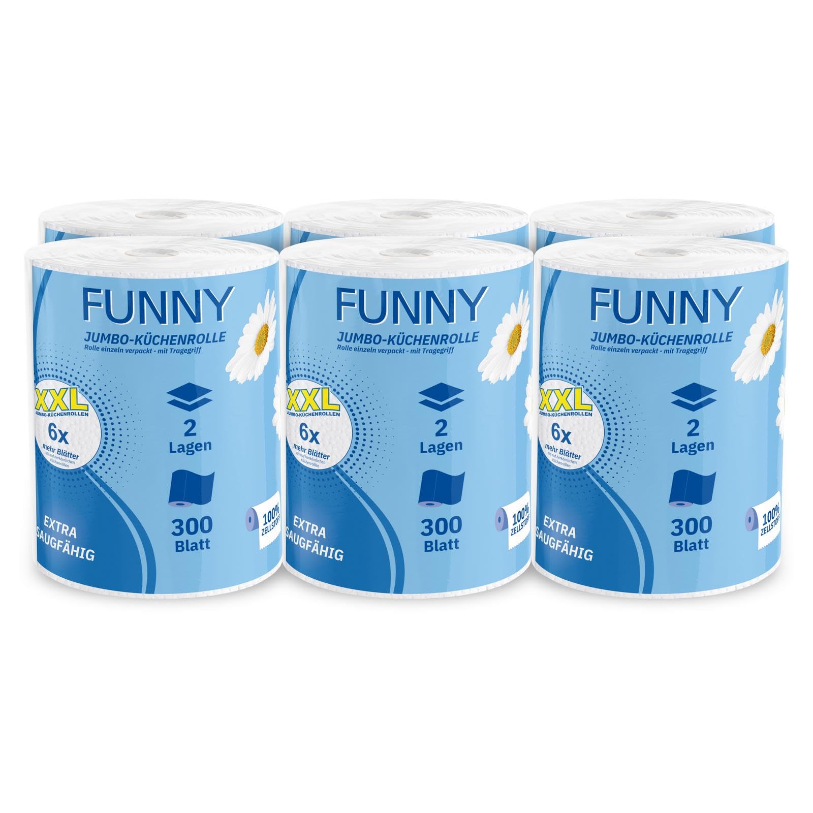 Funny Jumbo-Küchenrolle XXL 6 Rollen | 2-lagig, 100% Saugstarker Zellstoff, 300 Blatt pro Rolle | Vorteilspack mit Tragegriff, 22,4 x 21 cm | Ideal für Küche, Bad & Haushalt