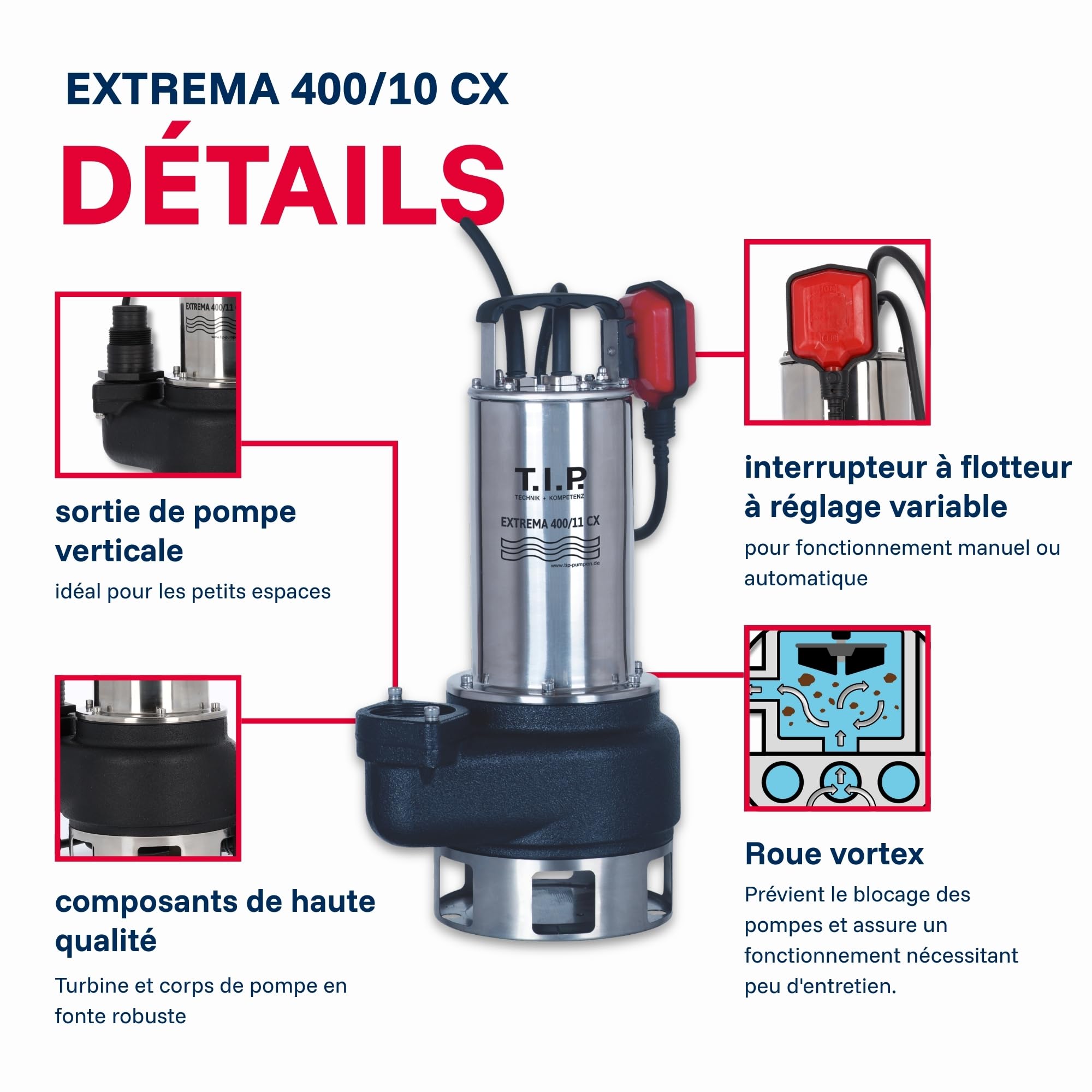 T.I.P. Extrema 400/11 Pro Pompe Submersible pour Eaux Usées Débit 24000 l/h Hauteur de Refoulement 11 m Puissance 1500 W en Inox et Roue en Fonte Pour Fonctionnement Continu Couleur Noir Argent