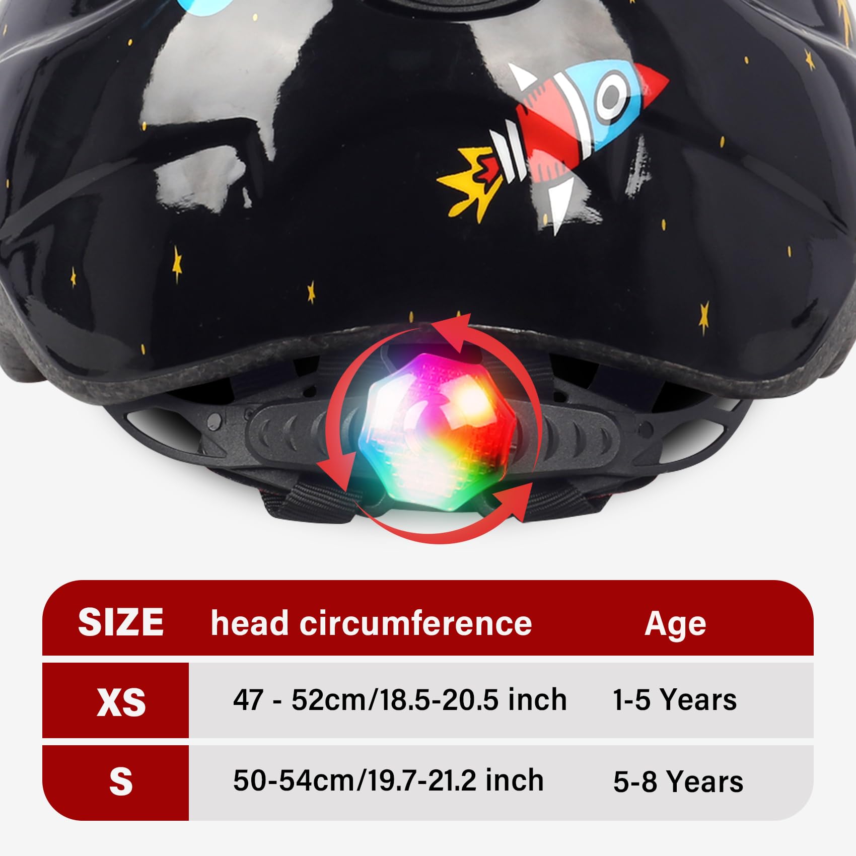 Amazon.com : Atphfety Kids Toddler Bike Helmet, Adjustable Boys Girl Helmets  from Baby to Children(Age 1-8), Multi Sports for Bicycle Skate Scooter with  LED Light (Black astronauts, XS:47 cm - 52cm/18.5-20.5 inch) :