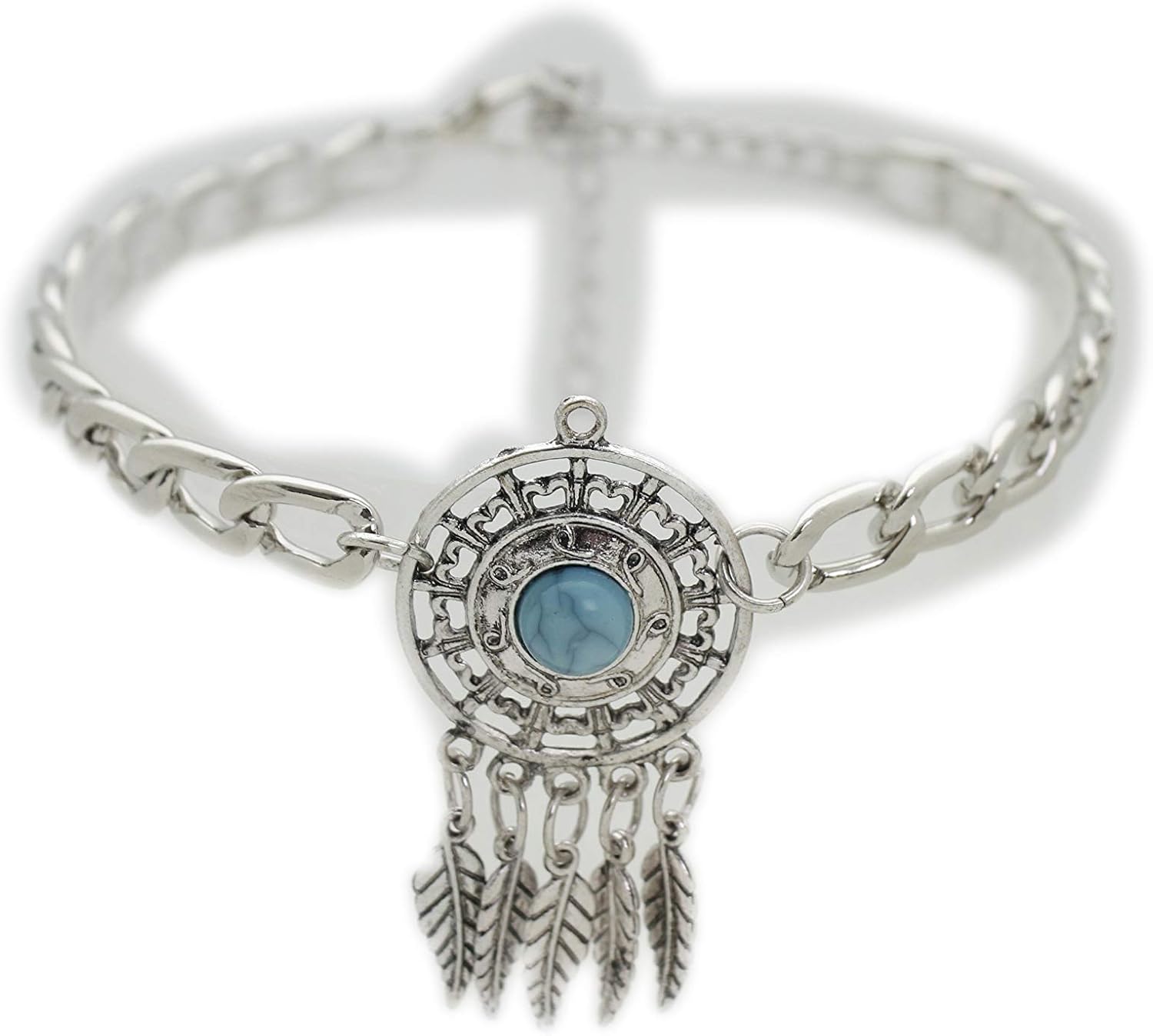 TrendyFashionJewelry TFJ Women Band Boot Silver Metal Chain Bracelet Turquoise Blue Bead Shoe Feathers Charms