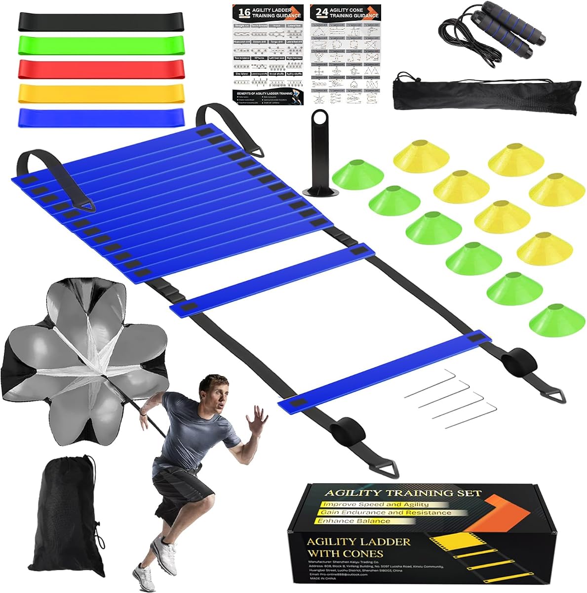 Juego de equipo de entrenamiento de agilidad y velocidad, escalera de agilidad de 20 pies, 12 conos de fútbol, paracaídas de resistencia/entrenador de patadas de fútbol, cuerda para saltar, 5 bandas de resistencia, equipo de práctica de fútbol para niños y adultos