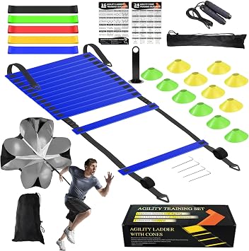 Speed Agility Training Equipment Set, Agility Ladder 20ft, 12 Football Cones, Resistance Parachute/Soccer Kick Trainer, Jump Rope, 5 Resistance Bands, Football Practice Equipment for Kids Adults