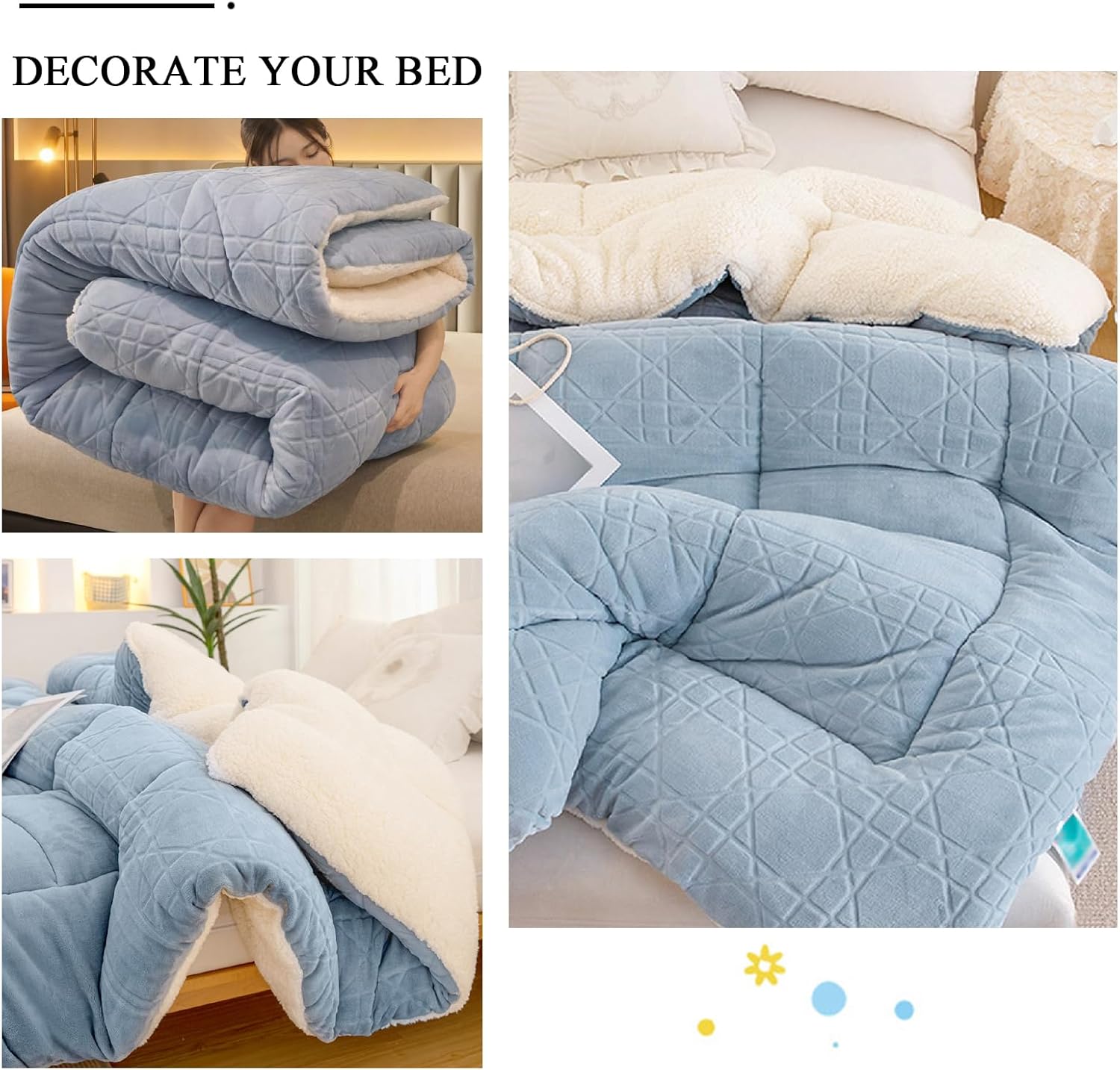 Quilt Queen King Size Winter Soft Warm Fluffy Plush Comforter Breathable Lightweight Reversible Comforter Blanket for All Season Machine Washable