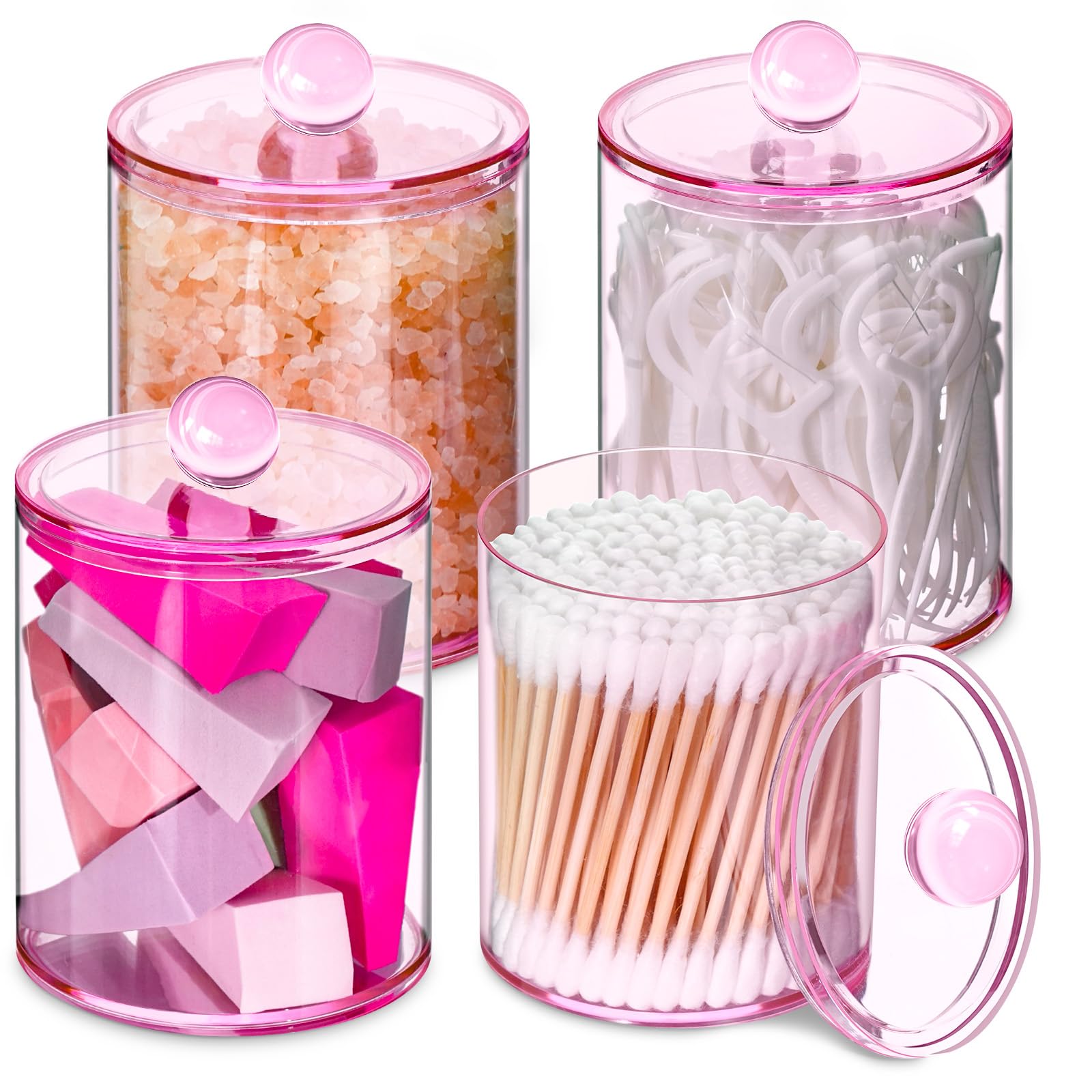 4 Pcs Acrylic Qtip Holder, Cotton Ball Holder Jars with Lids, Pink