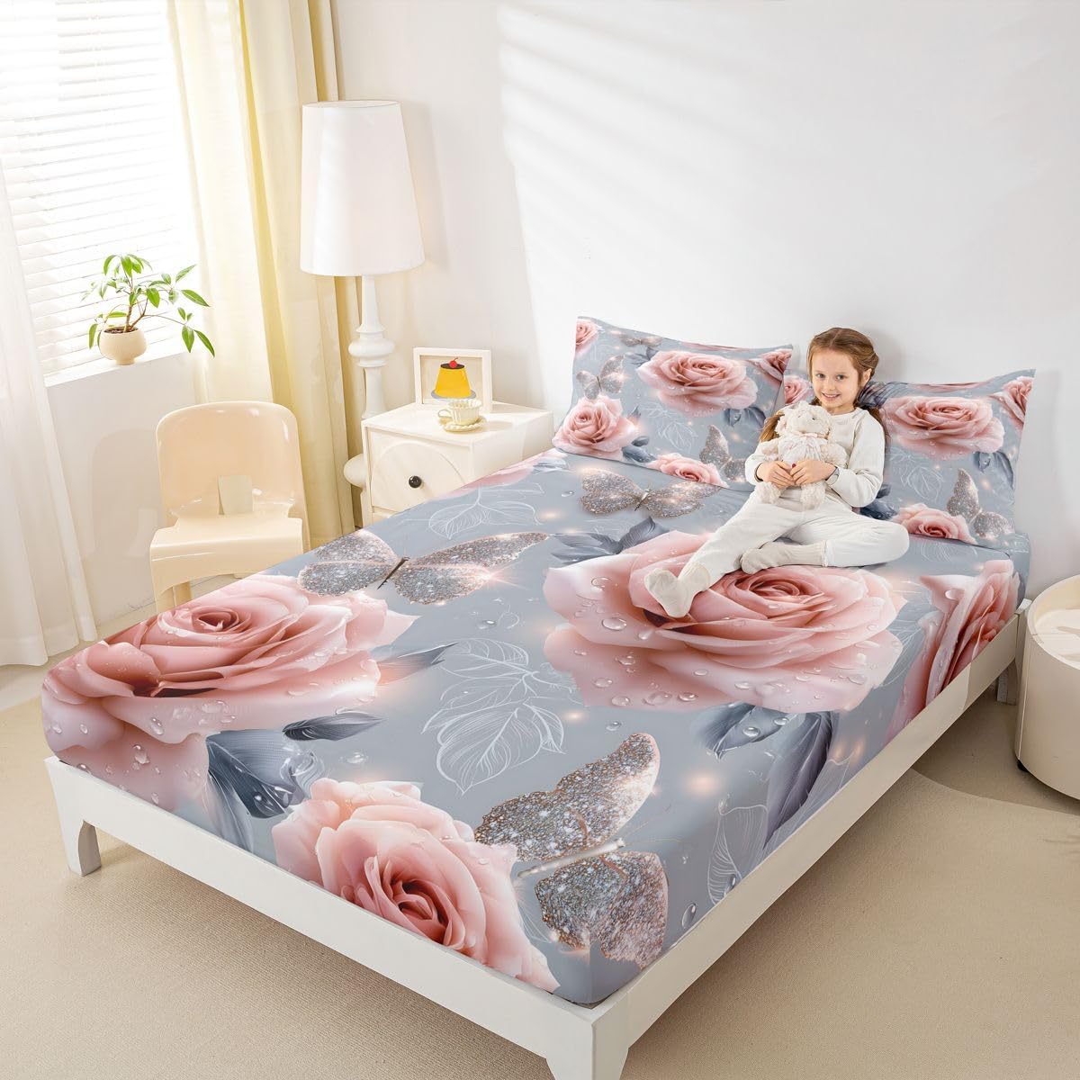 Erosebridal Rose Butterfly Fitted Sheet Set Full Size for Kids Teens