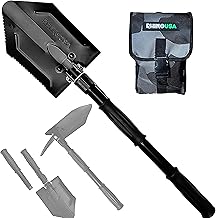 Rhino USA Folding Survival Shovel with Camping Pickax-Shovel Folding Sturdy Steel for Beach, Camping, Gardening and More - Tactical Backpacking Tool for Land, Sand, Mud and Snow