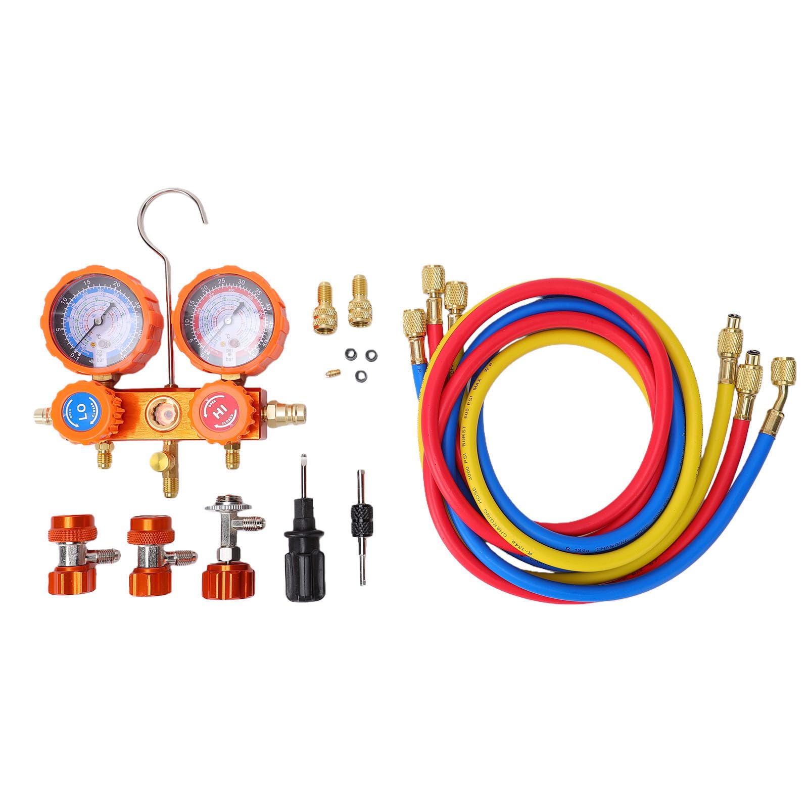 Juego de Manómetros de Colector de CA para Automóvil con Mangueras de PVC de Aluminio y Latón Medidor de Presión de Refrigerante de 3 Vías Mangueras de 5 Pies 600 PSI para Diagnóstico de