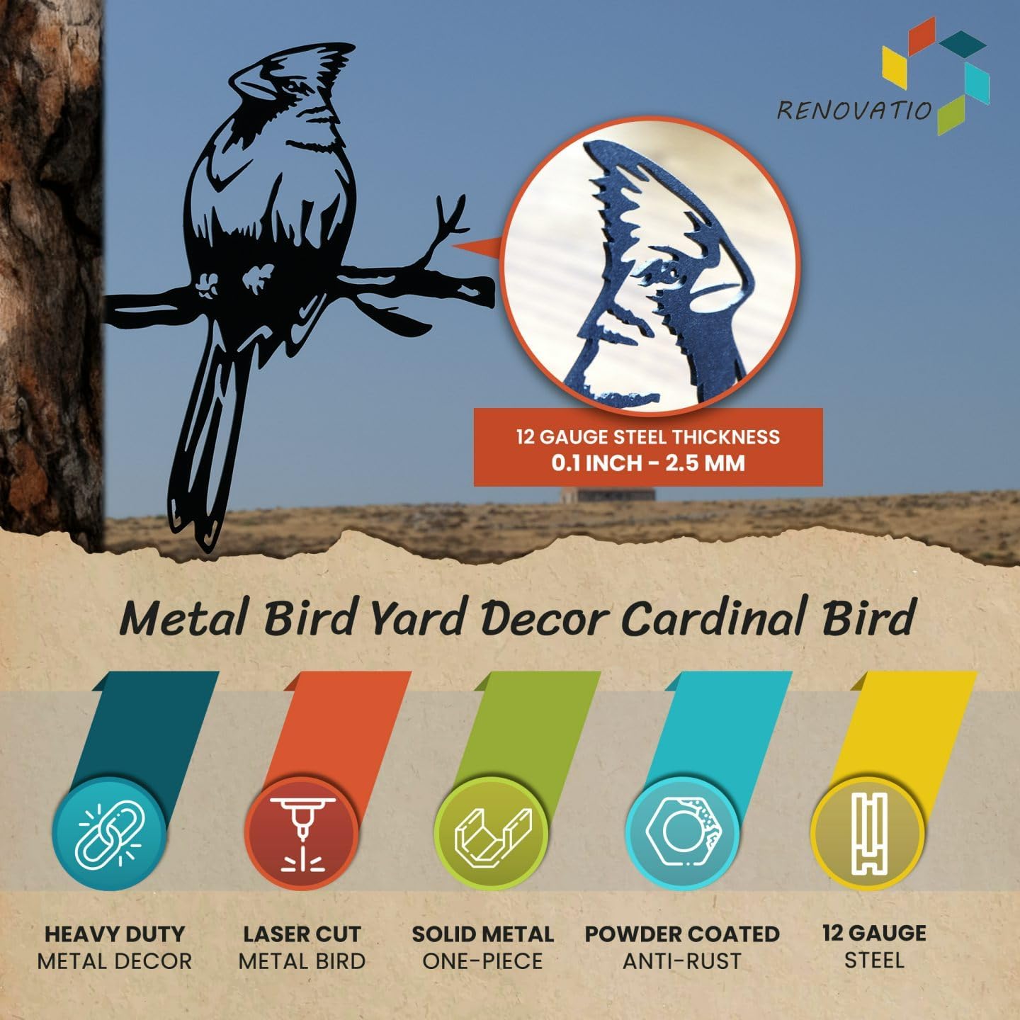 Renovatio Metal Bird Decor, Cardinal Gifts for Father, Stylish Decoration for Yard & Garden, Perfect Outdoor Yard Art, 12 Gauge Thick Steel – Ideal Backyard Decor&Bird Ornaments – Cardinal Bird(Black)