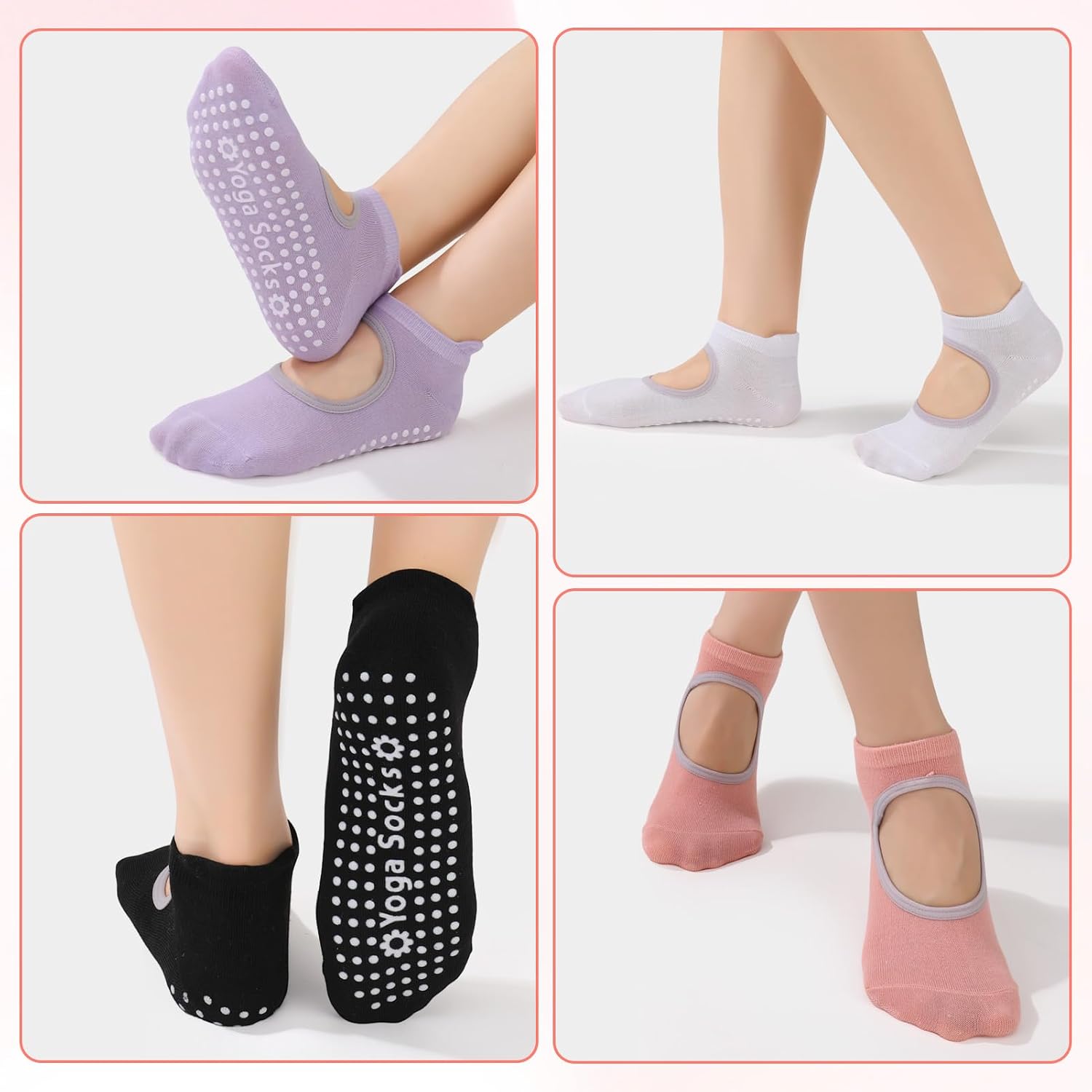 4 Pairs Non Slip Yoga Socks Pilates Socks with Grips for Women Grippy Sock Woman Grip Barre Sock for Women Girls Hospital Yoga Barre Running Dance Sports
