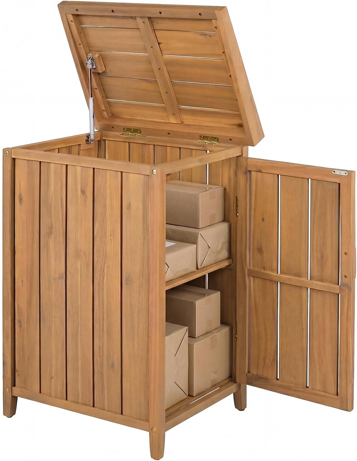 Goplus Wood Package Delivery Box for Outside, Patio Parcel Drop Box with Openable Lid, Removable Shelf, Side Door, Gas Rod, Utility 2-tier Outdoor Storage Cabinet Tool Shed for Front Porch Yard Garden