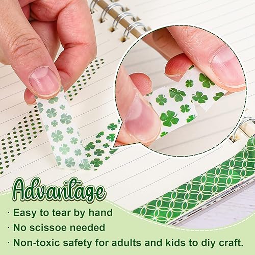 Miniatura 3 de Whaline 12 rollos de cinta Washi del día de San Patricio, cinta adhesiva verde Washi con patrón de trébol de la suerte, calcomanías de papel