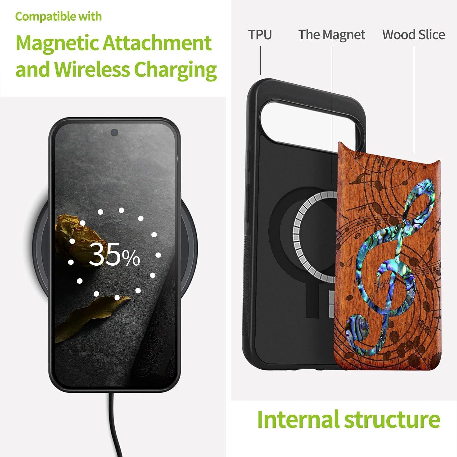 Carveit Magnetic Wooden Case for Pixel 9 Pro / 9 Pro Case, Wood Artisan Engraved & Handmade Shell Inlaid, Compatible with MagSafe Wireless Chargers, Musical Note - Rosy