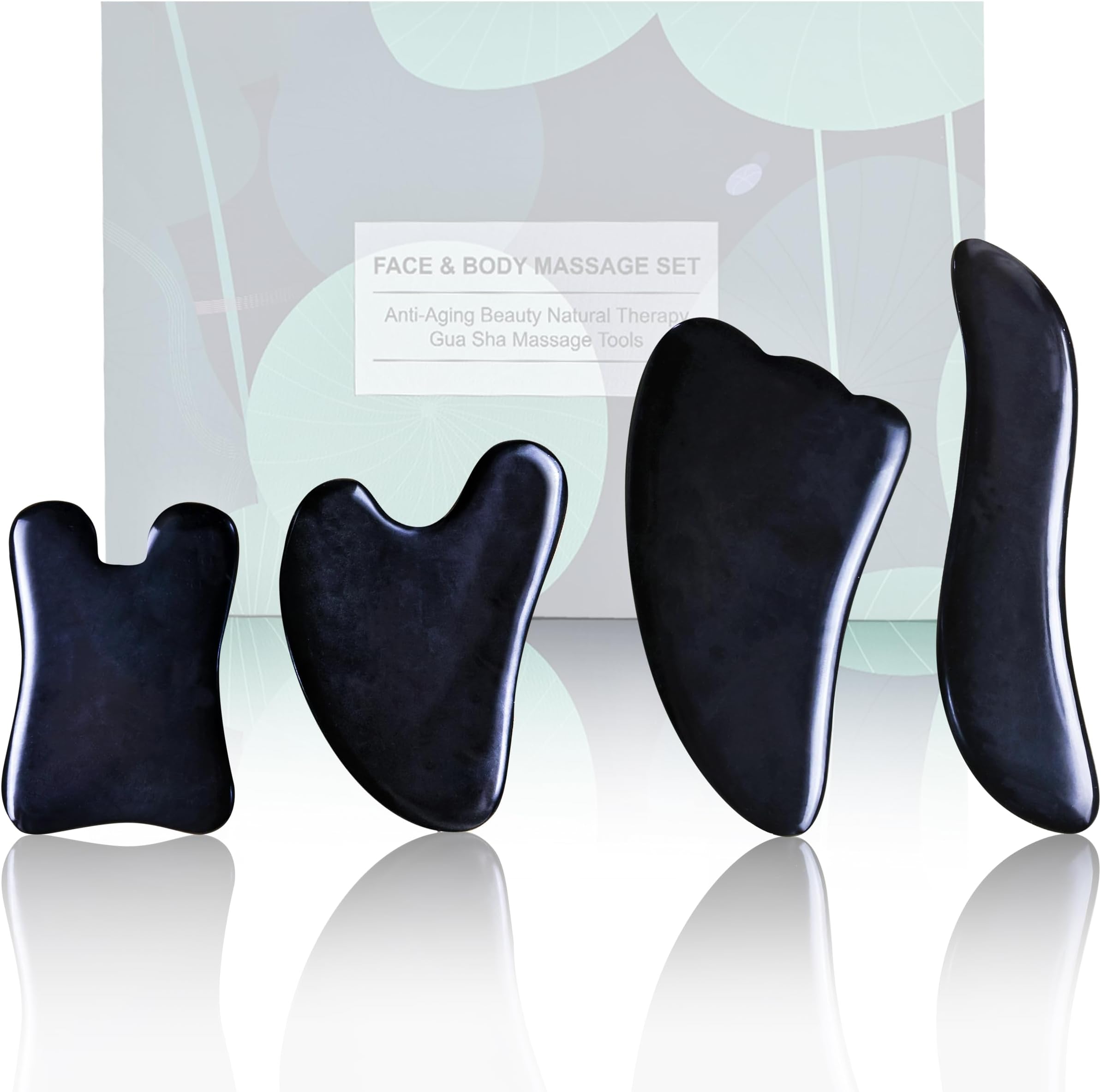 Gua Sha Massage Tool, 4 Pcs Gua Sha Facial Tool, Guasha Board for SPA Acupuncture Therapy Trigger Point Treatment（Black）