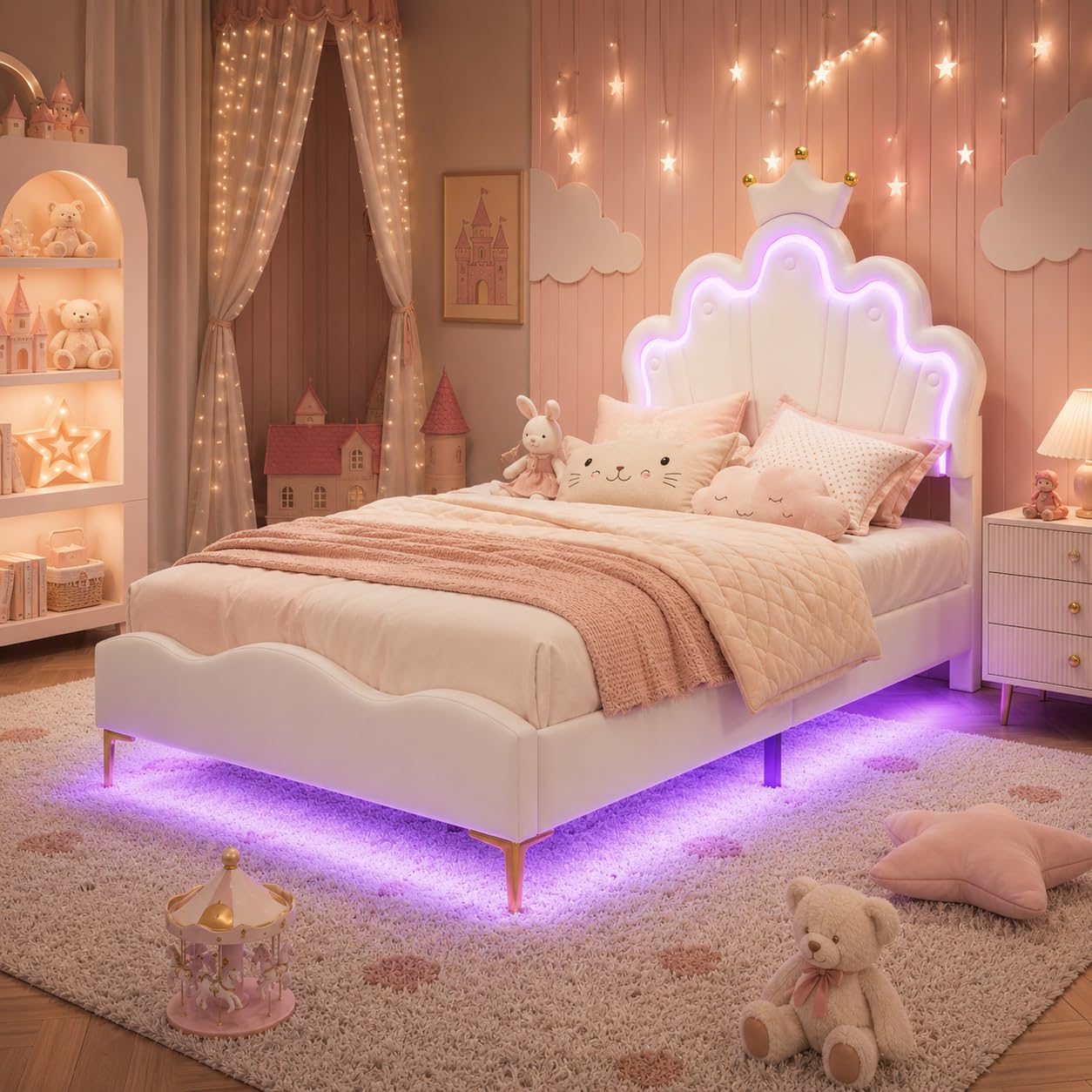 Cama infantil tapizada de 90 x 190 cm con iluminación LED, cama individual con cabecero ajustable en forma de nube con corona, marco de cama para niña con somier, sin colchón, poliuretano