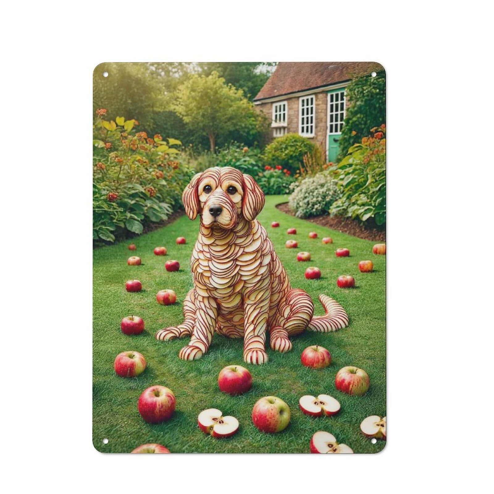 Metal Wall Sign 40x30cm Featuring Apple Dog Sculpture for Workshop Wall, for Room Styling Across Workshops And Hobby Rooms