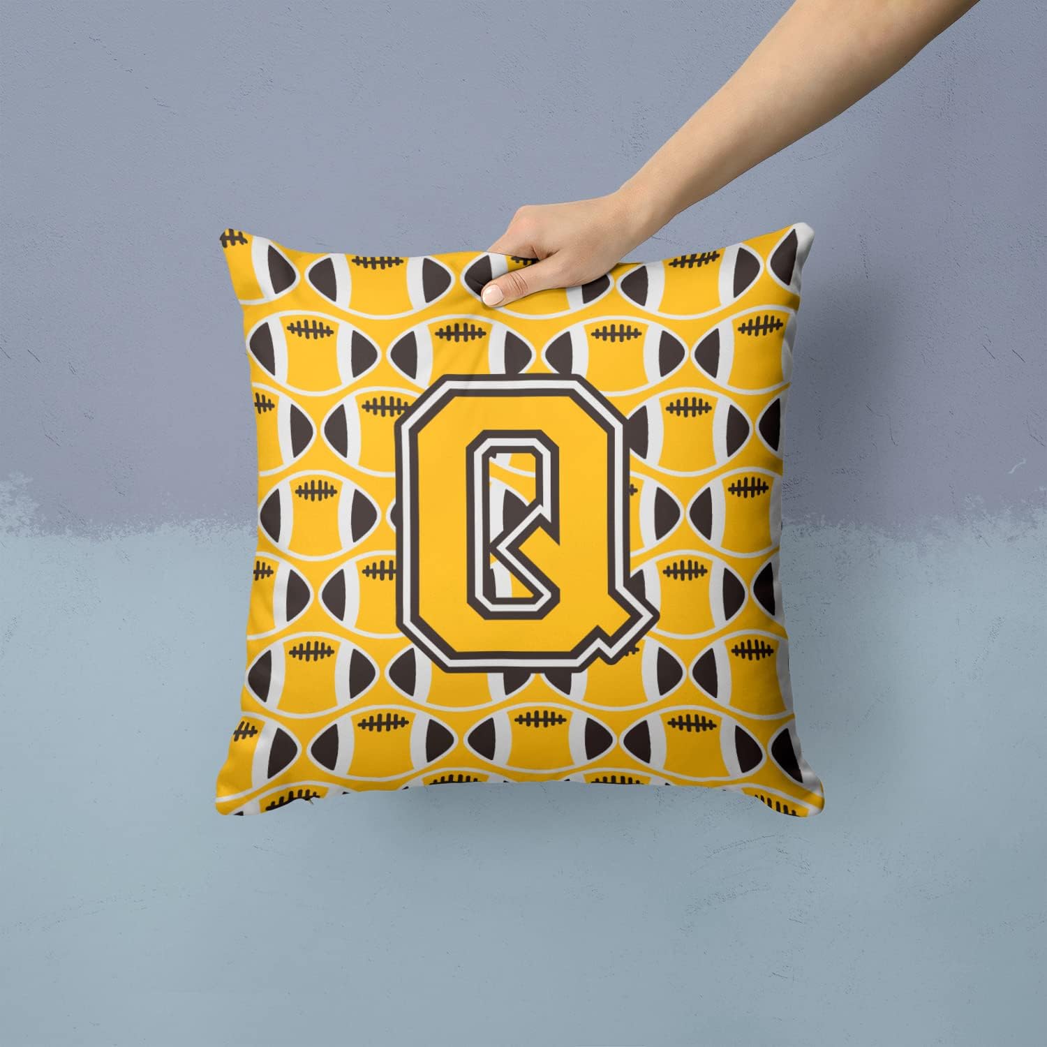 Caroline's Treasures CJ1080-QPW1414 Letter Q Football Black, Old Gold and White Fabric Decorative Pillow 100% Machine Washable Pillow, Indoor or Outdoor Decorative Throw Pillow for Couch, Bed or Patio