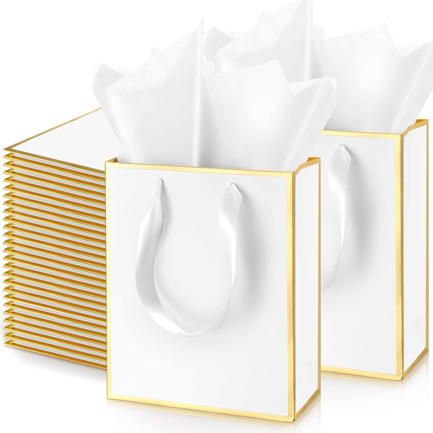 Yeaqee 50 Pack Metallic Gift Bags with Handle and Tissue Paper Gold Foil Thank You Bag for Graduation Wedding Groomsmen Bridal Baby Shower Gifts Holiday Party Favors 9x7x3.15'' (White Gold)