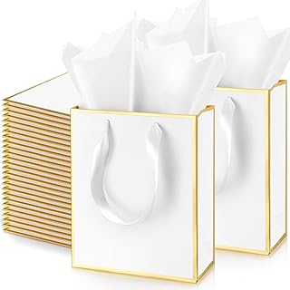 Yeaqee 50 Pack Metallic Gift Bags with Handle and Tissue Paper Gold Foil Thank You Bag for Thanksgiving Day Christmas Wedding 5 Senses Gifts Holiday Party Favors 9x7x3.15''(White Gold)