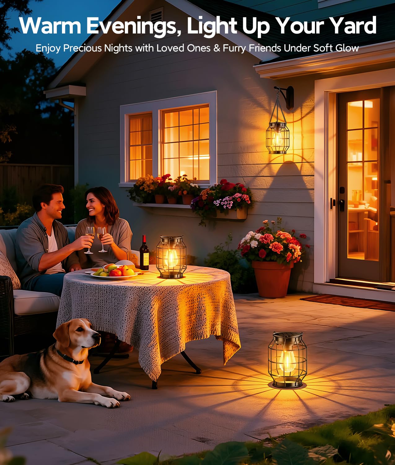 KOOPER Confezione da 2 lanterne solari impermeabili per esterni, luci solari da appendere in metallo, più luminose e automatiche, da appendere, per cortile, patio, sentiero, portico, giardino