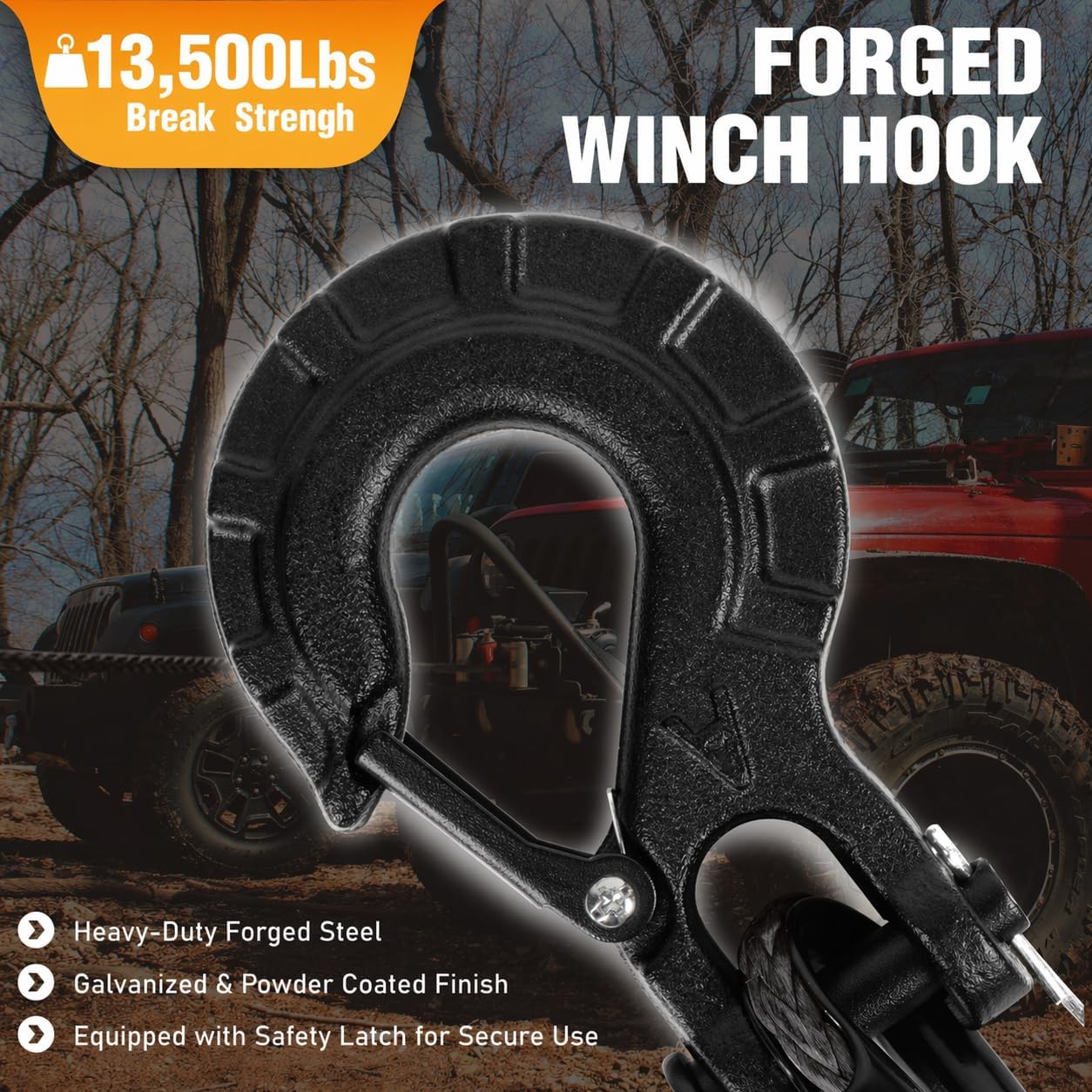 3/16" x 50ft Synthetic Winch Rope with Forged Hook & Rubber Stopper & Safety Pull Strap，for ATV UTV Winches, 8,500 lbs RUHMWPE Cable Replace Kit for Perforated Drum, Black, WR-50P