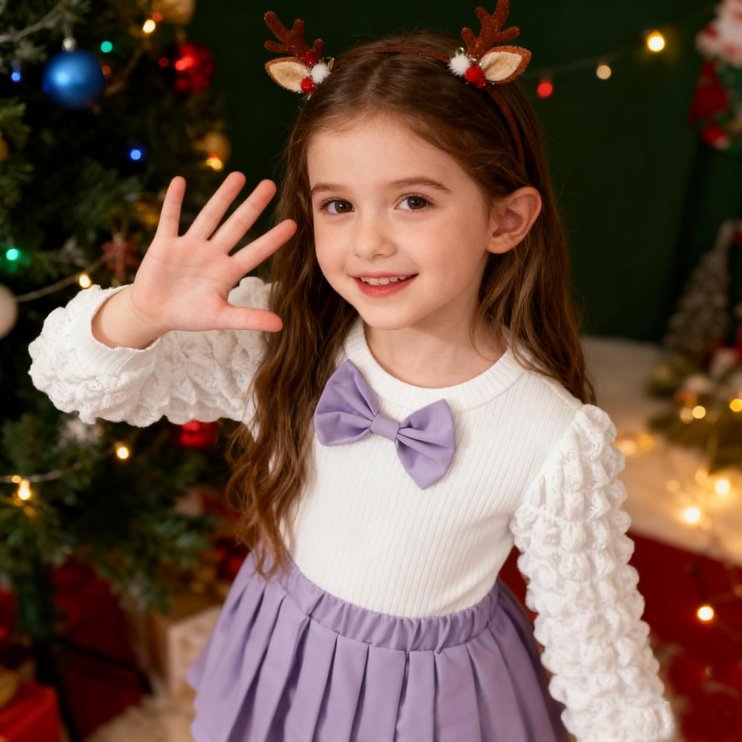 3-8Y Toddler Girl Skirt Set Kid 2Pcs Outfits Puff Long Sleeve Top Pleated Skirt with Bowknot Fall Winter Clothes - Image 2