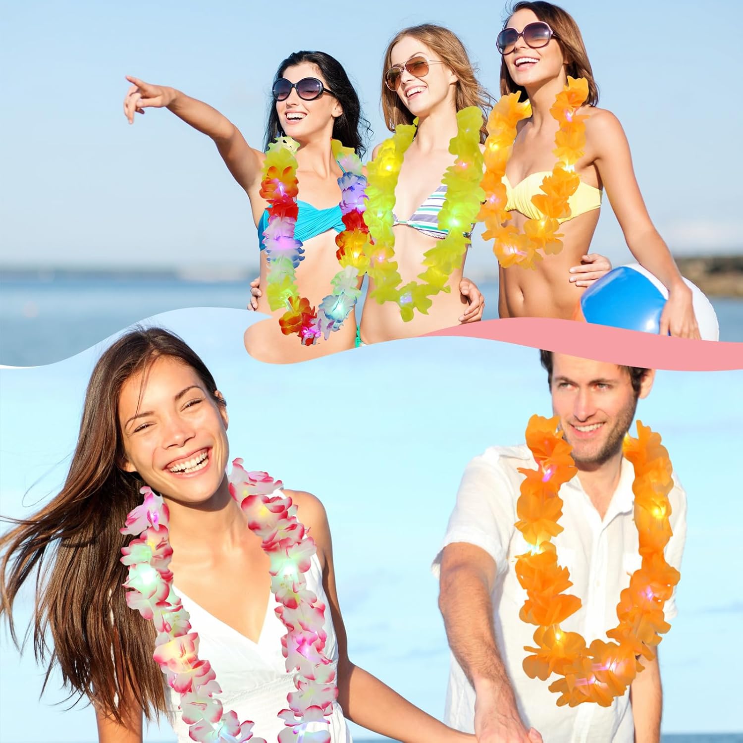 Sherr 100 Pcs LED Hawaiian Leis Bulk Light up Rainbow Luau Leis Christmas Necklace Flashing Patriotic Hawaiian Tropical Theme Flower Necklace for Adult Holiday Beach Carnival 4th July