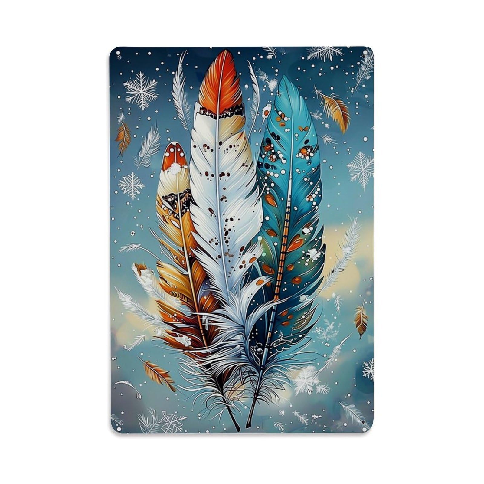 Nestemfo Vintage Colorful Feathers With Snowflakes Pattern Tin Sign Metal Sign, Living Room,Bar, Home, Bedroom Wall Decor,Retro Metal Poster 8X12 Inches