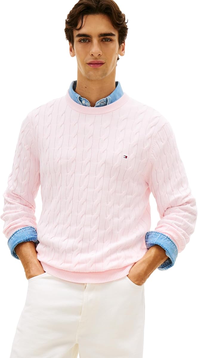 Men's Cable Knit Crewneck Sweater Lightweight Pullover