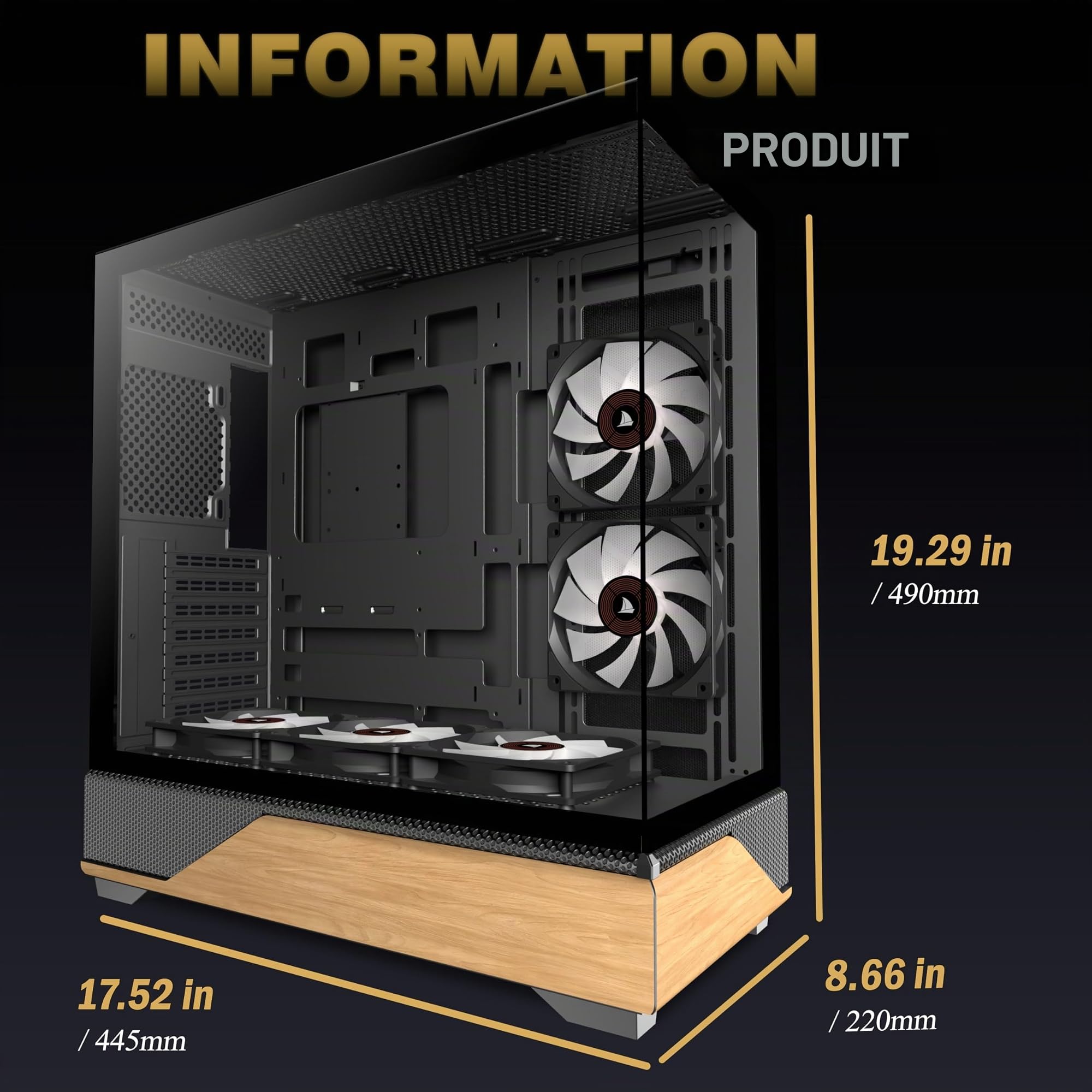 KEDIERS ATX Boîtier PC de tour moyen, 5 ventilateurs ARGB PWM de 120 mm pré-installés, panneaux en bois de noyer imprimés, verre trempé panoramique, compatible avec la carte mère à connexion inversée