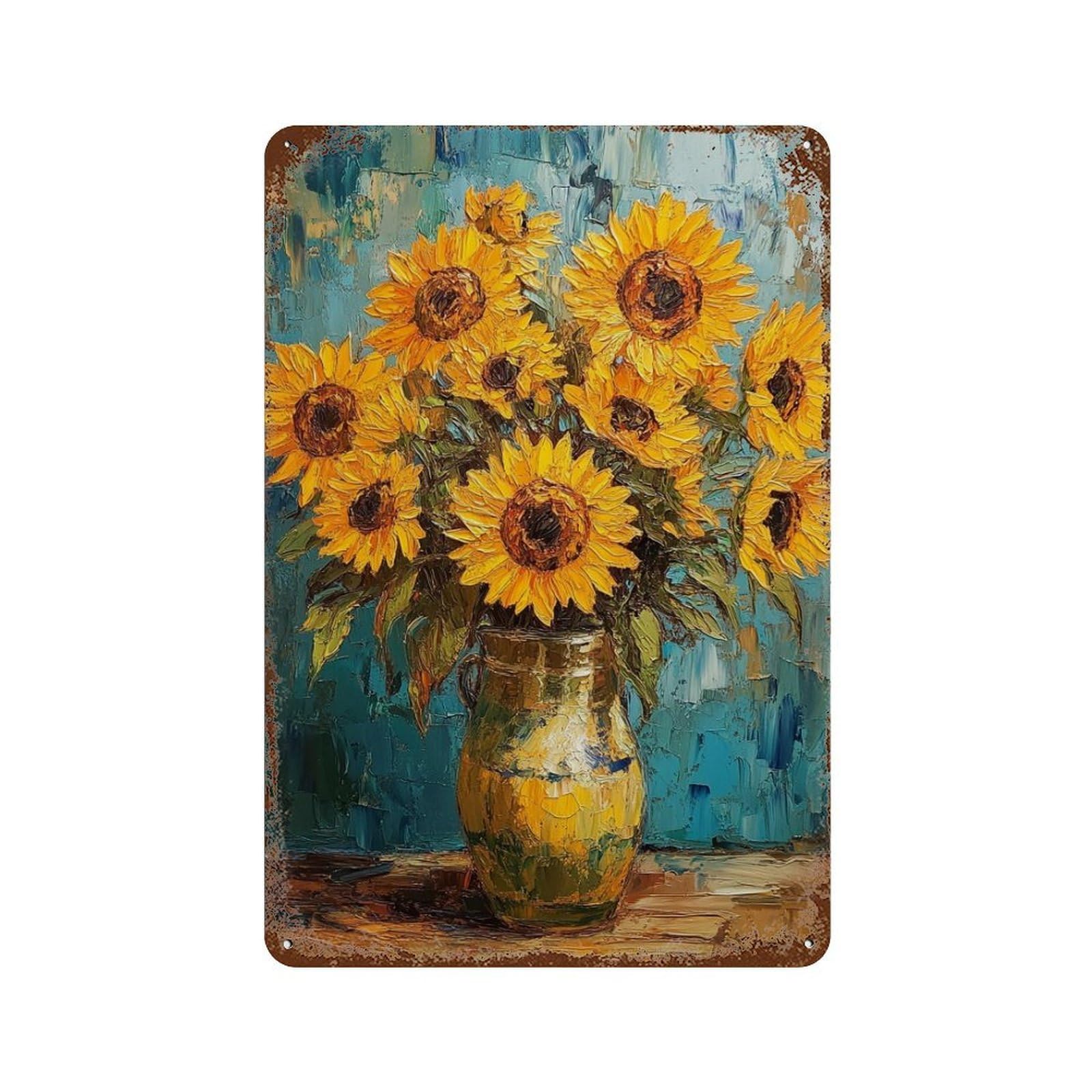 Sunflower Bouquet Oil Painting-4 11.8"x7.9" Distressed Metal Wall Sign, Retro Wall Decor for Garage, Bar And Workshop Decor