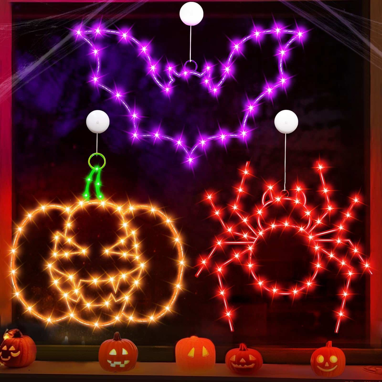 Photo 1 of [135 LED Lights & Large Size] 3 Pack 12 Inch Halloween Window Lights Pumpkin Decorations Outdoor Spider Bat Lights with Suction Cup, Battery Operated Lighted Window Halloween Decor for Home Indoor